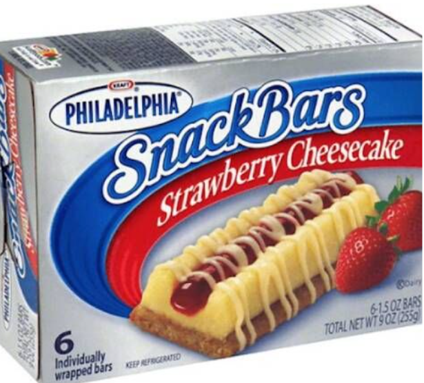 Box of discontinued Philadelphia strawberry cheesecake snack bars, sourced from Pinterest