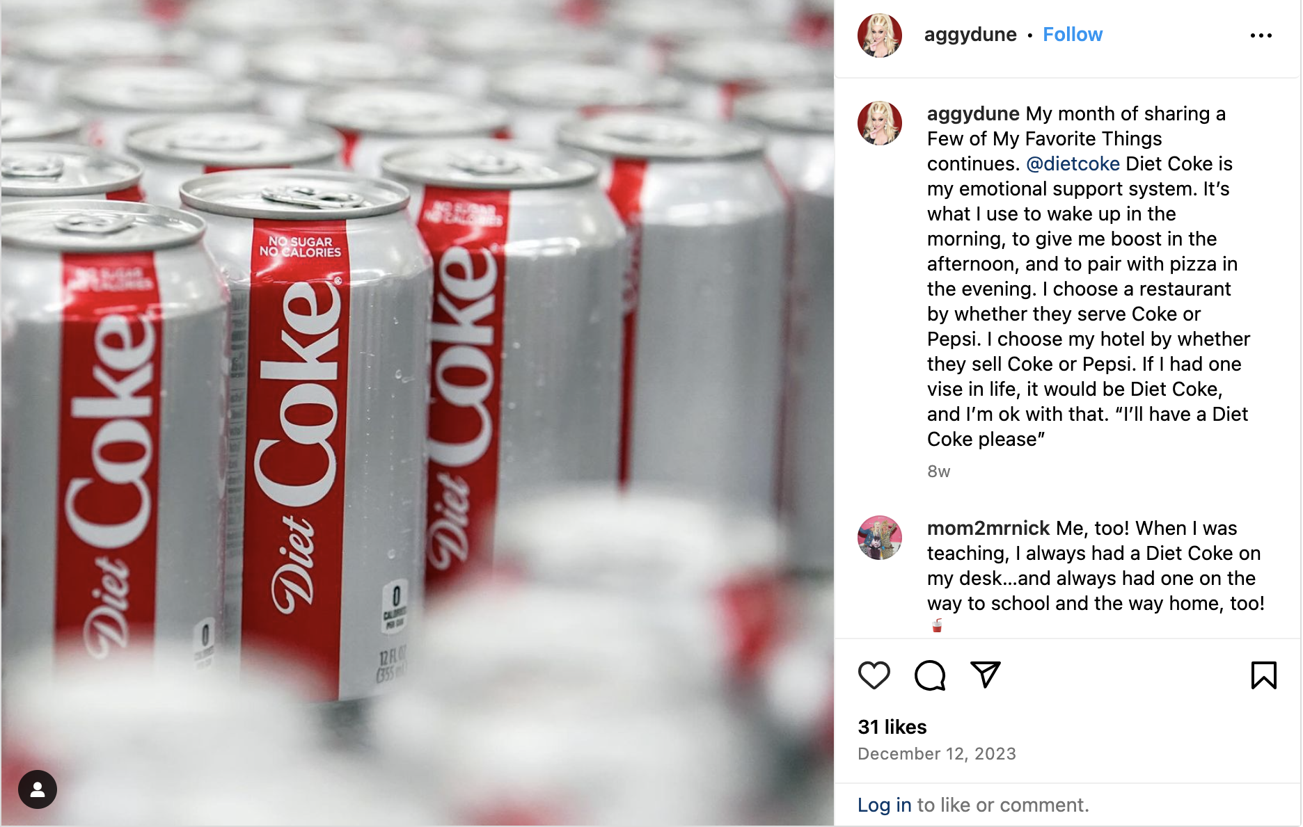 Instagram post by @aggydune, of multiple cans of Diet Coke