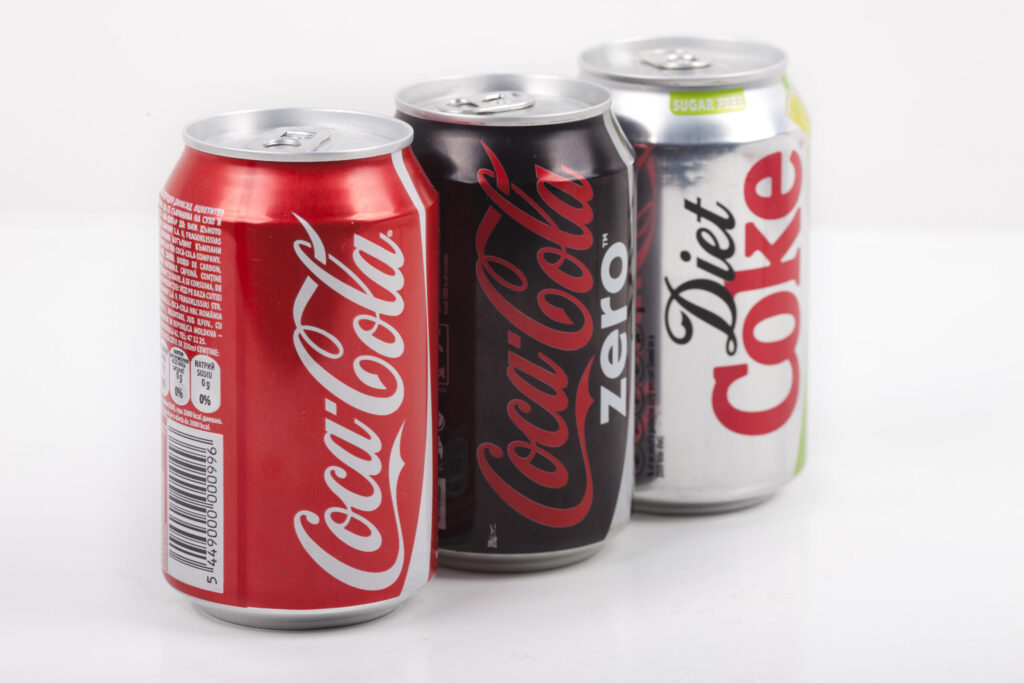 Coca Cola, Coca Cola zero and Diet Coke Can, Studio Shot on white background