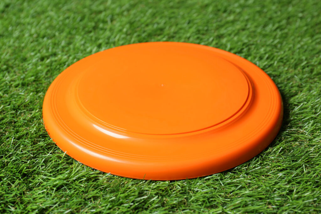 Orange plastic frisbee disk on green grass
