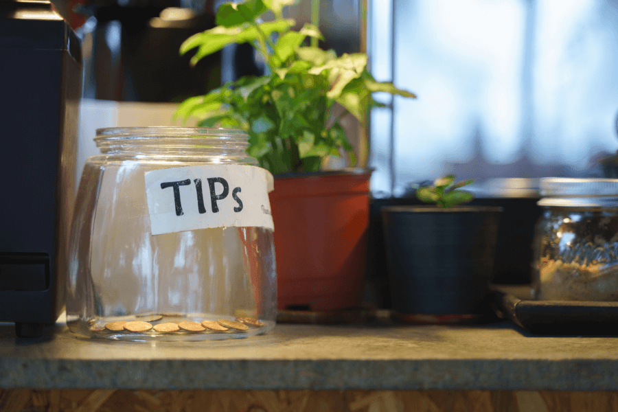 A nearly empty tip jar labeled "TIPS" with a few coins inside sits on a countertop, surrounded by small potted plants and other items in a café or bar setting. The blurred background suggests a window with natural light coming through.